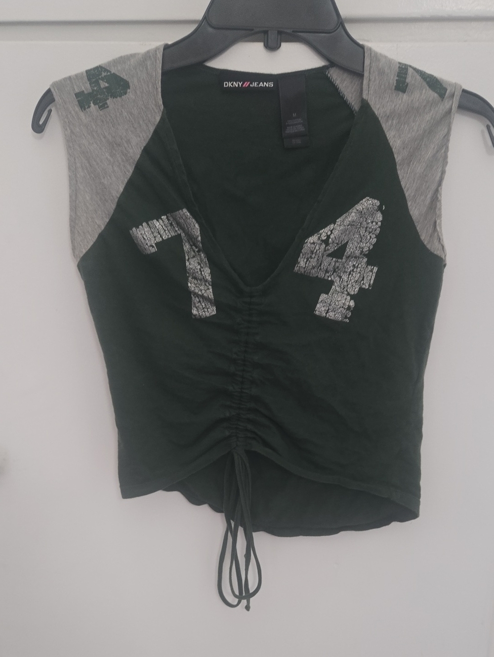 Dkny Black Crop Top with Gray Sleeve Panels and Ruched Front